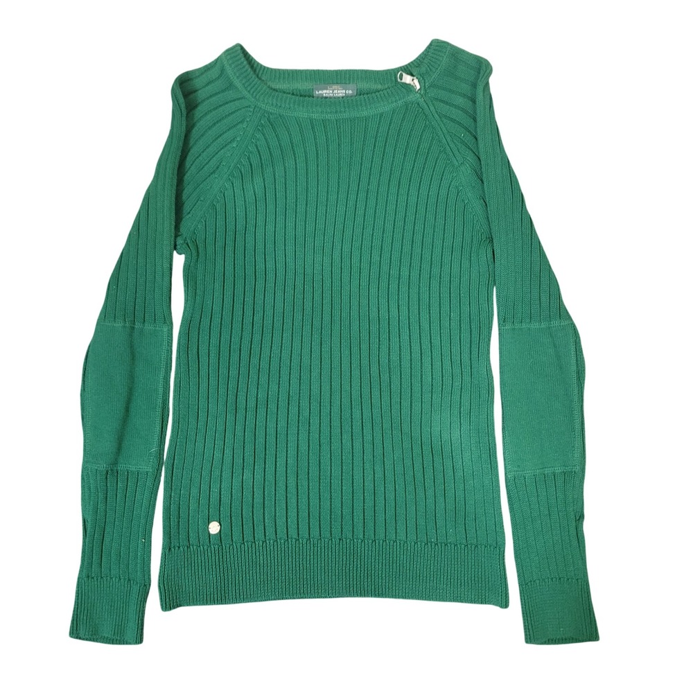 Lauren Ralph Lauren Size M Sweater Womens Green Ribbed Shoulder Zip Elbow Patch